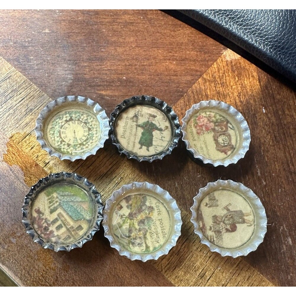 Six Vintage Clock People House In 1" Black Gray Bottle Caps Magnets